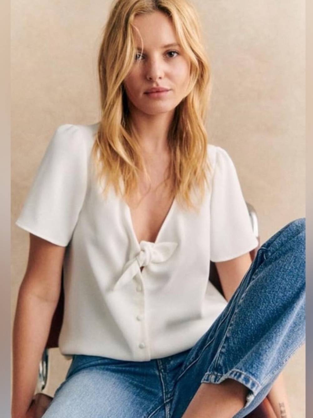 Sezane Eloine Top White Tie Front Button down short sleeve top size 8